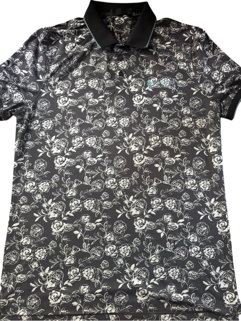G/FORE Wailea Golf Club Polo Shirt Mens Gray Black Tiff Blue Floral size M